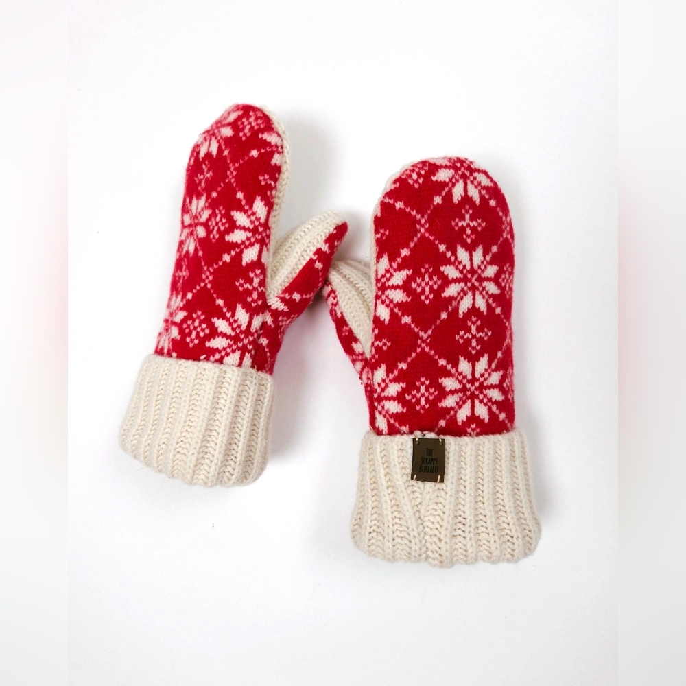 Upcycled Wool Cashmere Sweater Mittens Red Ivory Snowflake Double Lined S/M